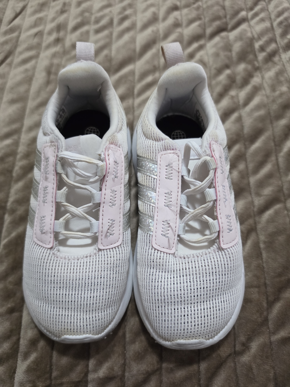 adidas White Kids Knit Sneakers with Pink Trim